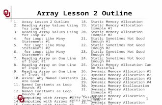 Array Lesson 2 CS1313 Spring 2015 1 Array Lesson 2 Outline 1.Array Lesson 2 Outline 2.Reading Array Values Using for Loop #1 3.Reading Array Values Using.