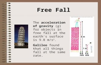 Free Fall The acceleration of gravity (g) for objects in free fall at the earth's surface is 9.8 m/s 2. Galileo found that all things fall at the same.