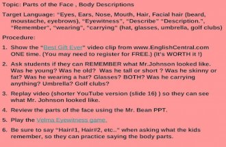 Topic: Parts of the Face, Body Descriptions Target Language: “Eyes, Ears, Nose, Mouth, Hair, Facial hair (beard, moustache, eyebrows), “Eyewitness”, “Describe”