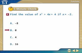 5–Minute Check 1 Find the value of x 2 + 4x + 4 if x = –2. A.–8 B.0 C.4 D.16.