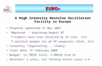 EURO EURO A High Intensity Neutrino Oscillation Facility in Europe Proposal submitted 2 nd May 2007 “Approved” ~ beginning August 07  highest mark ever.