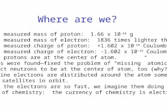 Where are we? We have measured mass of proton: 1.66 x 10 -24 g We have measured mass of electron: 1836 times lighter than proton We have measured charge.