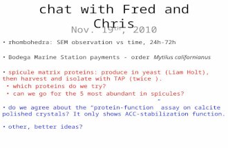 Chat with Fred and Chris Nov. 19 th, 2010 rhombohedra: SEM observation vs time, 24h-72h Bodega Marine Station payments - order Mytilus californianus spicule.