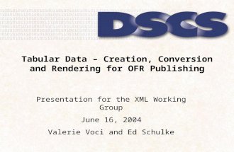 1 Tabular Data – Creation, Conversion and Rendering for OFR Publishing Presentation for the XML Working Group June 16, 2004 Valerie Voci and Ed Schulke.