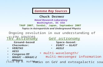 Gamma Ray Sources Chuck Dermer Naval Research Laboratory Washington, DC USA TAUP 2007, Sendai, Japan, September 2007 Ground-based Cherenkov: VERITAS HESS.