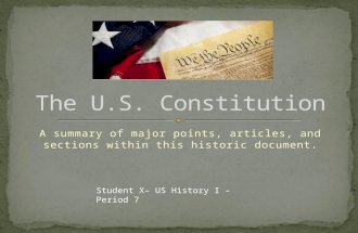 A summary of major points, articles, and sections within this historic document. Student X– US History I – Period 7.