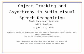 Object Tracking and Asynchrony in Audio- Visual Speech Recognition Mark Hasegawa-Johnson AIVR Seminar August 31, 2006 AVICAR is thanks to: Bowon Lee,
