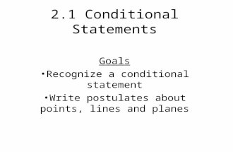 2.1 Conditional Statements Goals Recognize a conditional statement Write postulates about points, lines and planes.