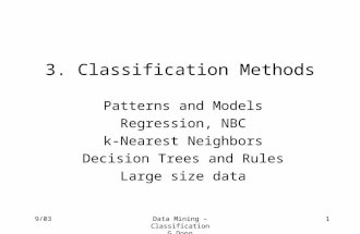 9/03Data Mining – Classification G Dong 1 3. Classification Methods Patterns and Models Regression, NBC k-Nearest Neighbors Decision Trees and Rules Large.