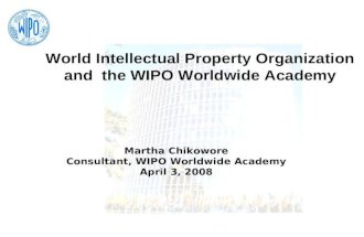 World Intellectual Property Organization and the WIPO Worldwide Academy Martha Chikowore Consultant, WIPO Worldwide Academy April 3, 2008.