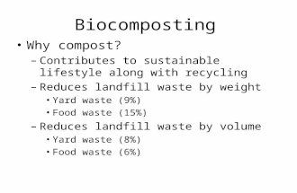 Biocomposting Why compost? – Contributes to sustainable lifestyle along with recycling – Reduces landfill waste by weight Yard waste (9%) Food waste (15%)