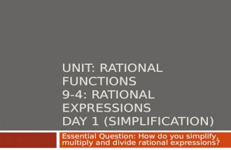UNIT: RATIONAL FUNCTIONS 9-4: RATIONAL EXPRESSIONS DAY 1 (SIMPLIFICATION) Essential Question: How do you simplify, multiply and divide rational expressions?