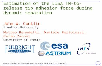 John W. Conklin, 9 th International LISA Symposium, Paris, 23 May 2012 1 Estimation of the LISA TM-to-release tip adhesion force during dynamic separation.