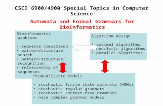 CSCI 6900/4900 Special Topics in Computer Science Automata and Formal Grammars for Bioinformatics Bioinformatics problems sequence comparison pattern/structure.