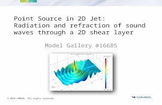 Point Source in 2D Jet: Radiation and refraction of sound waves through a 2D shear layer Model Gallery #16685 © 2014 COMSOL. All rights reserved.