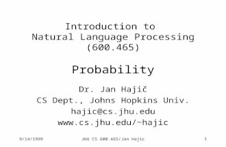 9/14/1999 JHU CS 600.465/Jan Hajic 1 Introduction to Natural Language Processing (600.465) Probability Dr. Jan Hajič CS Dept., Johns Hopkins Univ. hajic@cs.jhu.edu.