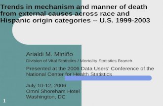 1 Trends in mechanism and manner of death from external causes across race and Hispanic origin categories -- U.S. 1999-2003 Arialdi M. Miniño Division.