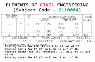 ELEMENTS OF CIVIL ENGINEERING (Subject Code - 2110004) L- Lectures; P- Practical; C- Credit; ESE- End Semester Examination; PA- Progressive Assessment.