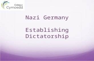 Nazi Germany Establishing Dictatorship.  Hitler gets Chancellorship, 30/01/33 Still Vulnerable  12 man cabinet  Hitler + 2 Nazis, no dictator  Von.