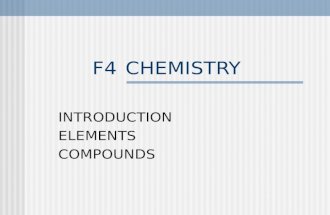 F4CHEMISTRY INTRODUCTION ELEMENTS COMPOUNDS. CHEMISTRY MATTER (SUBSTANCE) CHANGE (REACTION) Study of.