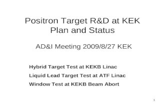 1 Positron Target R&D at KEK Plan and Status AD&I Meeting 2009/8/27 KEK Hybrid Target Test at KEKB Linac Liquid Lead Target Test at ATF Linac Window Test.