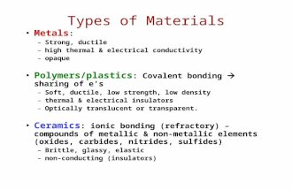 Types of Materials Metals : –Strong, ductile –high thermal & electrical conductivity –opaque Polymers/plastics : Covalent bonding  sharing of e’s –Soft,