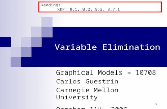 1 Variable Elimination Graphical Models – 10708 Carlos Guestrin Carnegie Mellon University October 11 th, 2006 Readings: K&F: 8.1, 8.2, 8.3, 8.7.1.