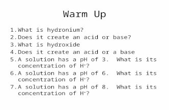 Warm Up 1.What is hydronium? 2.Does it create an acid or base? 3.What is hydroxide 4.Does it create an acid or a base 5.A solution has a pH of 3. What.
