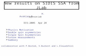 New results on SIDIS SSA from JLab  Physics Motivation  Double spin asymmetries  Single Spin Asymmetries  Future measurements  Summary H. Avakian.