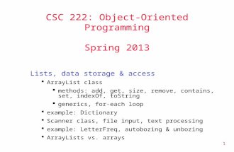 1 CSC 222: Object-Oriented Programming Spring 2013 Lists, data storage & access  ArrayList class  methods: add, get, size, remove, contains, set, indexOf,
