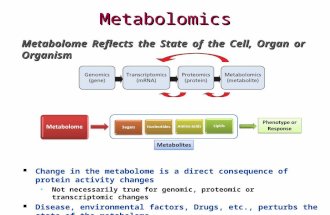 Metabolomics Metabolome Reflects the State of the Cell, Organ or Organism Change in the metabolome is a direct consequence of protein activity changes.