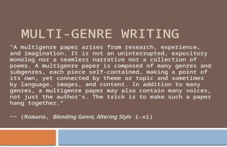 MULTI-GENRE WRITING "A multigenre paper arises from research, experience, and imagination. It is not an uninterrupted, expository monolog nor a seamless.