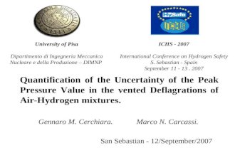 Quantification of the Uncertainty of the Peak Pressure Value in the vented Deflagrations of Air-Hydrogen mixtures. San Sebastian - 12/September/2007 Marco.