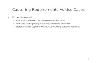 1 Capturing Requirements As Use Cases To be discussed –Artifacts created in the requirements workflow –Workers participating in the requirements workflow.