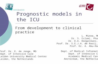 Prognostic models in the ICU From development to clinical practice L. Minne, MSc. Dr. S. Eslami, PharmD Dr. D.A. Dongelmans, MD Prof. Dr. S.E.J.A. de Rooij,