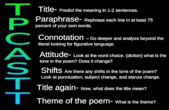 Title- Predict the meaning in 1-2 sentences. Paraphrase- Rephrase each line in at least 75 percent of your own words. Connotation – Go deeper and analyze.