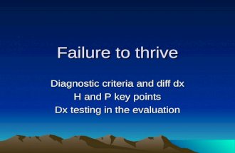 Failure to thrive Diagnostic criteria and diff dx H and P key points Dx testing in the evaluation.