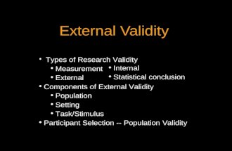 External Validity Types of Research Validity Measurement External Components of External Validity Population Setting Task/Stimulus Participant Selection.