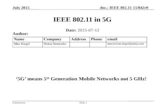 Doc.: IEEE 802.11-15/842r0 Submission July 2015 Max Riegel (Nokia Networks)Slide 1 IEEE 802.11 in 5G Date: 2015-07-12 Author: ‘5G’ means 5 th Generation.