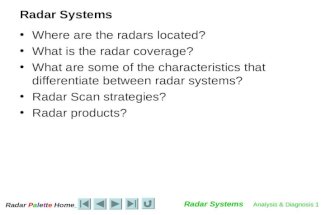 Radar Palet e Home Radar Systems Analysis & Diagnosis 1 Radar Systems Where are the radars located? What is the radar coverage? What are some of the characteristics.