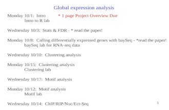 1 Global expression analysis Monday 10/1: Intro* 1 page Project Overview Due Intro to R lab Wednesday 10/3: Stats & FDR - * read the paper! Monday 10/8: