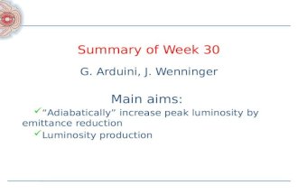 Summary of Week 30 G. Arduini, J. Wenninger Main aims: “Adiabatically” increase peak luminosity by emittance reduction Luminosity production.