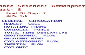 Space Science: Atmospheres Part- 8 Read CH Chap. 2 dePL 4.5 GENERAL CIRCULATION HADLEY CELL ROTATING FRAME CORIOLIS FORCE TOTAL TIME DERIVATIVE GEOSTROPHIC.