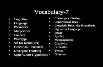 Vocabulary-7 Cognition Language Phonemes Morphemes Concept Prototype Set (or mental set) Functional Fixedness Divergent Thinking Sapir-Whorf Hypothesis.