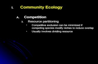 I. I.Community Ecology A. A.Competition 3. 3.Resource partitioning Competitive exclusion can be minimized if competing species modify niches to reduce.