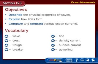 –wave –crest –trough –breaker Objectives Describe the physical properties of waves. Explain how tides form. Compare and contrast various ocean currents.