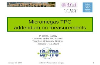 January 10, 2008MiPGD TPC resolution and gas1 Micromegas TPC addendum on measurements P. Colas, Saclay Lectures at the TPC school, Tsinghua University,