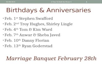 Birthdays & Anniversaries Feb. 1 st Stephen Swafford Feb. 2 nd Troy Hughes, Shirley Lingle Feb. 4 th Tom & Kim Ward Feb. 7 th Anwar & Sheba Javed Feb.