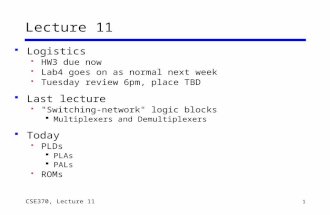 1 CSE370, Lecture 11 Lecture 11  Logistics  HW3 due now  Lab4 goes on as normal next week  Tuesday review 6pm, place TBD  Last lecture  "Switching-network"