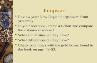 Jumpstart  Review your New England organizers from yesterday.  In your notebook, create a t-chart and compare the colonies discussed.  What similarities.